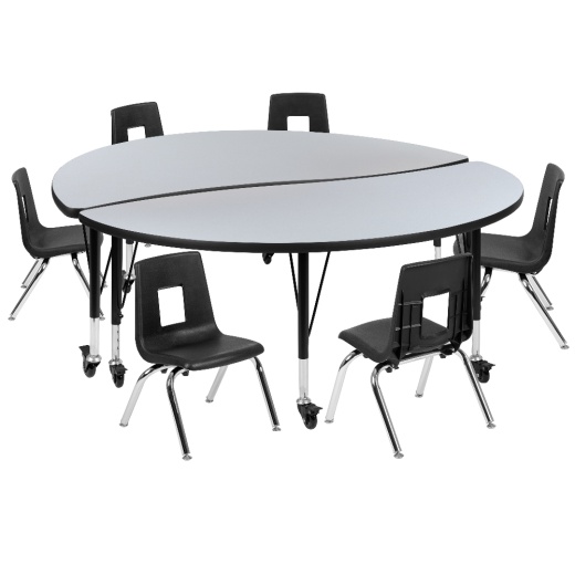 Emmy Mobile 60" Circle Wave Flexible Laminate Activity Table Set With 12" Student Stack Chairs, Grey/Black