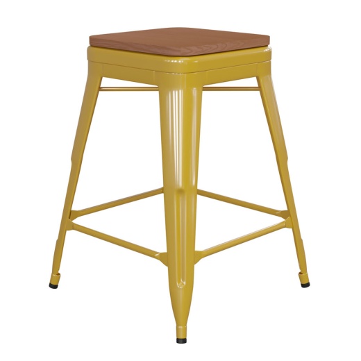 Kai Commercial Grade 24" High Backless Yellow Metal Indooroutdoor Counter Height Stool With Teak Poly Resin Wood Seat