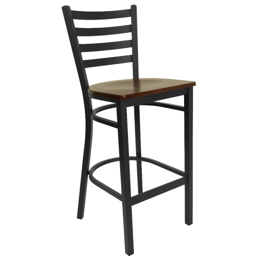 Hercules Series Black Ladder Back Metal Restaurant Barstool Mahogany Wood Seat