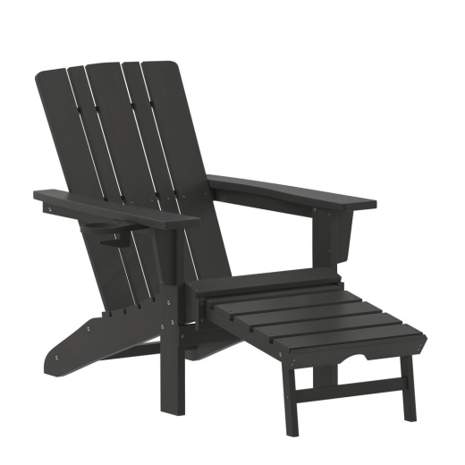 Halifax Hdpe Adirondack Chair With Cup Holder And Pull Out Ottoman, Allweather Hdpe Indoor/Outdoor Lounge Chair In Black