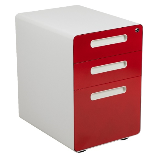 Wren Ergonomic 3Drawer Mobile Locking Filing Cabinet With Antitilt Mechanism & Letter/Legal Drawer, White With Red Faceplate