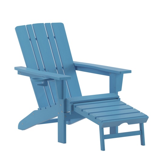 Halifax Hdpe Adirondack Chair With Cup Holder And Pull Out Ottoman, Allweather Hdpe Indoor/Outdoor Lounge Chair In Blue