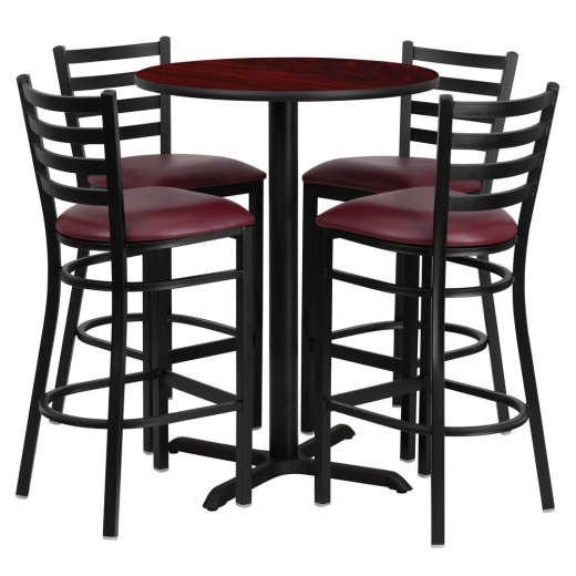 Carlton 30'' Round Mahogany Laminate Table Set With Xbase And 4 Ladder Back Metal Barstools Burgundy Vinyl Seat