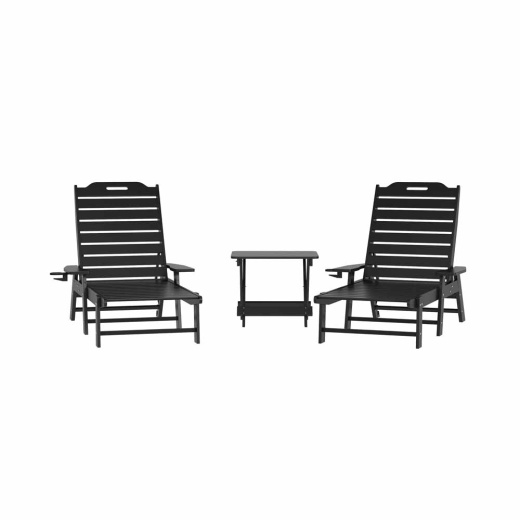 Monterey Commercial Grade 3Piece Indoor/Outdoor Adirondack Set With 2 Adjustable Hdpe Loungers With Cup Holders And Folding Side Table In Black