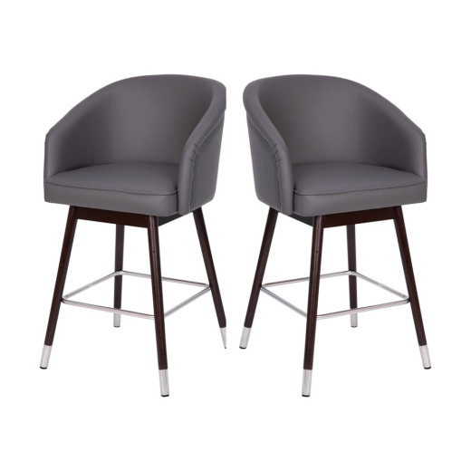 Margo 26" Commercial Midback Modern Counter Stool, Walnut Finish Beechwood Legs And Contoured Back, Gray Leathersoft/Bronze Accents Set Of 2