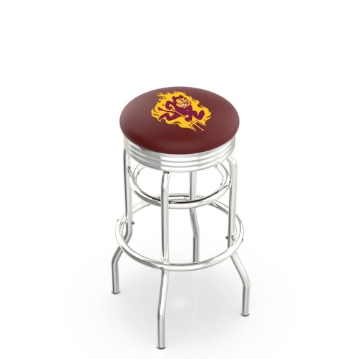 L7c3c Chrome Double Ring Arizona State Swivel Bar Stool With 2.5" Ribbed Accent Ring And Sparky Logo By Holland Bar Stool Company