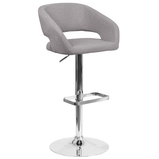 Erik Contemporary Gray Fabric Adjustable Height Barstool With Rounded Midback And Chrome Base