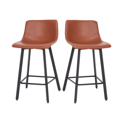 Caleb Modern Armless 24 Inch Counter Height Stools Commercial Grade With Footrests In Cognac Leathersoft And Black Matte Metal Frames, Set Of 2