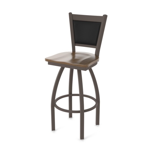 870 Hadleigh Swivel Stool With Bronze Finish And Dark Maple Seat And Black Vinyl Back