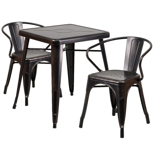 Owen Commercial Grade 23.75" Square Blackantique Gold Metal Indooroutdoor Table Set With 2 Arm Chairs