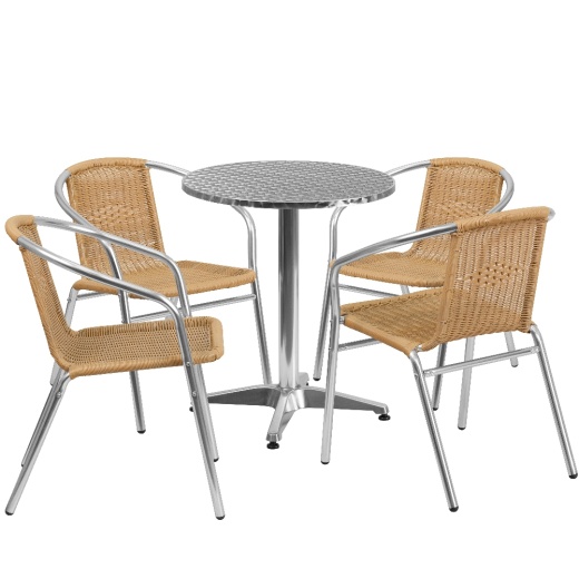 Lila 23.5'' Round Aluminum Indooroutdoor Table Set With 4 Beige Rattan Chairs