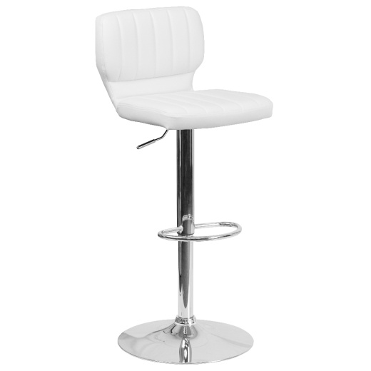 Jeremy Contemporary White Vinyl Adjustable Height Barstool With Vertical Stitch Back And Chrome Base