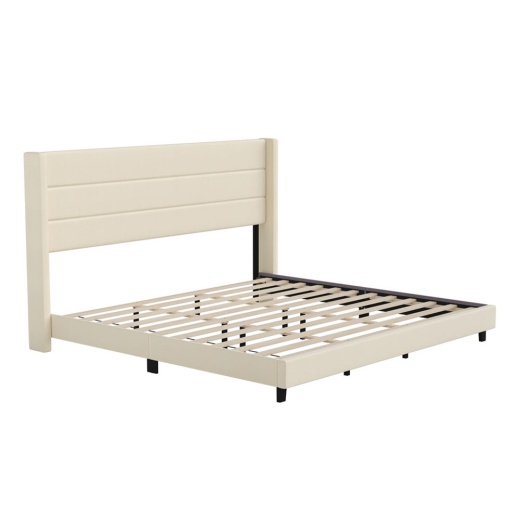 Hollis King Upholstered Platform Bed With Wingback Headboard, Mattress Foundation With Slatted Supports, No Box Spring Needed, Beige Faux Linen