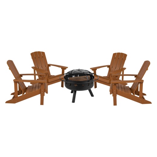 5 Piece Charlestown Teak Commercial Poly Resin Wood Adirondack Chair Set With Fire Pit Star And Moon Fire Pit With Mesh Cover