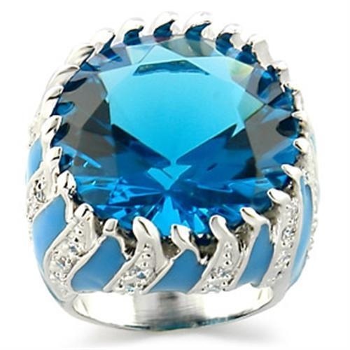 Rhodium Brass Ring With Synthetic Synthetic Glass In Sea Blue