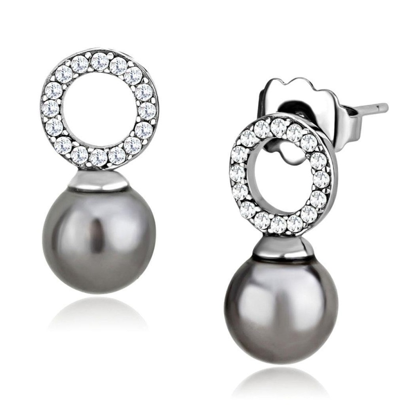 High Polished (No Plating) Stainless Steel Earrings With Synthetic Pearl In Gray
