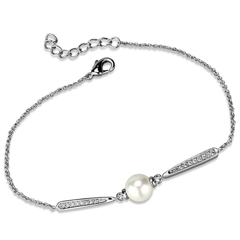 Rhodium Brass Bracelet With Synthetic Pearl In White