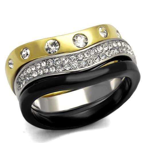 Alamode Tk2299 - Ip Gold+ Ip Black Stainless Steel Ring With Top Grade Crystal In Clear