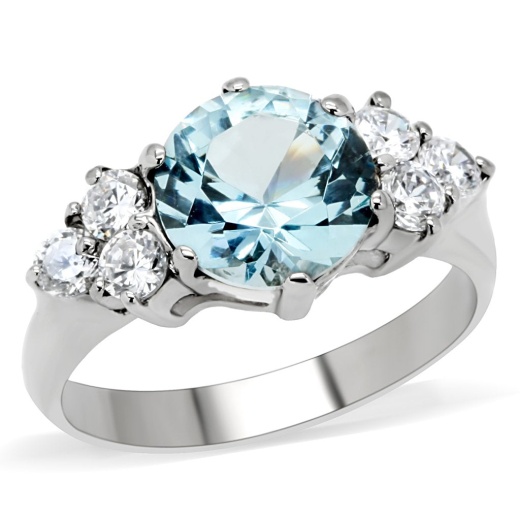 Tk179 - High Polished (No Plating) Stainless Steel Ring with Synthetic Spinel in London Blue