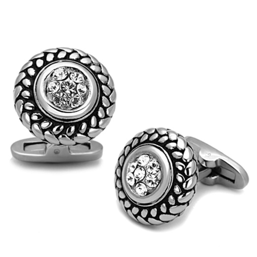 Alamode High Polished Stainless Steel Cufflink with Top Grade Crystal in Clear