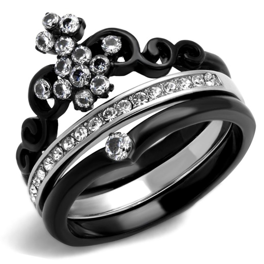 Alamode Tk2187 - Two-Tone IP Black Stainless Steel Ring with AAA Grade CZ in Clear