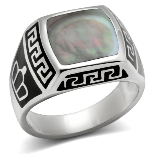 Alamode Tk325 - High Polished Stainless Steel Ring with Precious Conch Stone in Gray