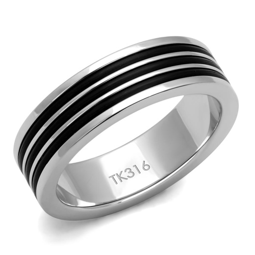 Tk2925 High Polished Stainless Steel Ring with Epoxy Jet Center Stone - Alamode