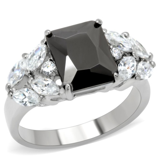 Tk182 - High Polished (No Plating) Stainless Steel Ring With Aaa Grade Cz In Jet