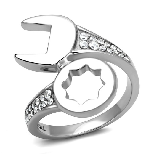 Alamode Tk3097 - High Polished Stainless Steel Ring with AAA Grade CZ in Clear