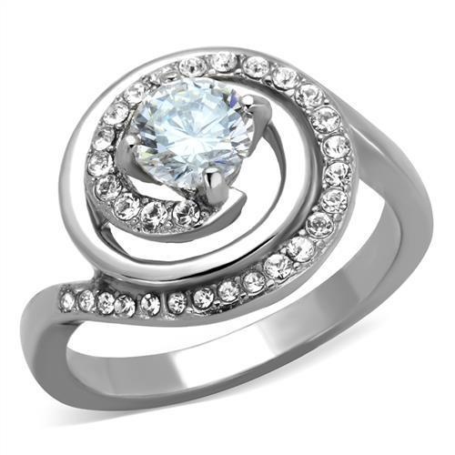 Tk1746 - High Polished Stainless Steel Ring with AAA Grade CZ in Clear by Alamode