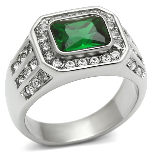 Tk495 - High Polished (No Plating) Stainless Steel Ring With Synthetic Emerald Glass