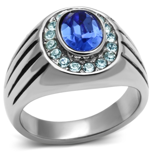 Tk601 - High Polished Stainless Steel Ring with Top Grade Crystal in Sapphire
