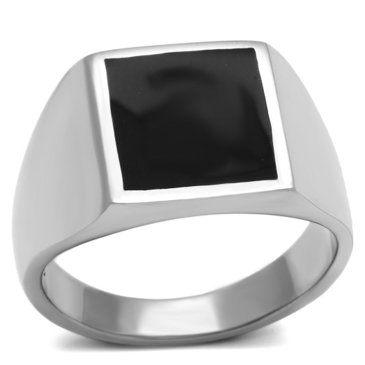 Tk594 High Polished Stainless Steel Ring with Epoxy Jet Center Stone - Alamode