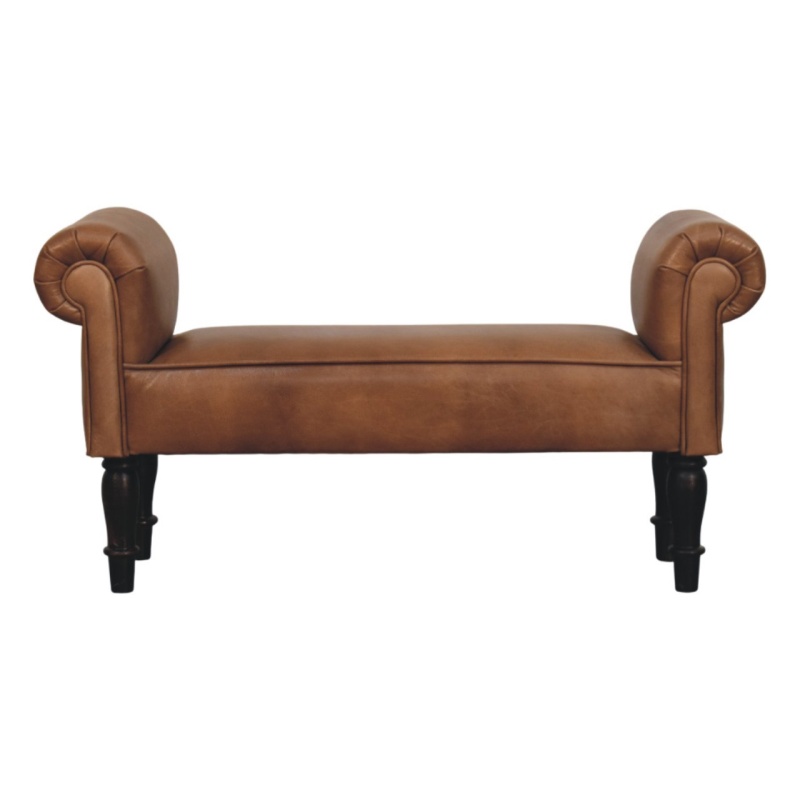 Brown Buffalo Leather Rolled Arms Bench
