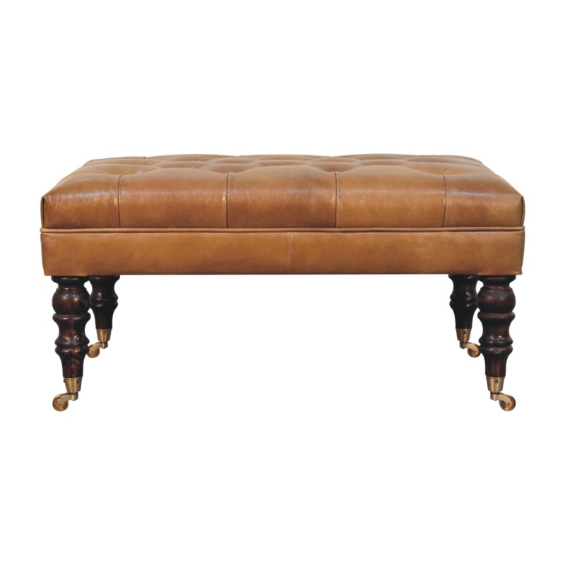 California Walnut Buffalo Brown Leather Ottoman With Castor Legs