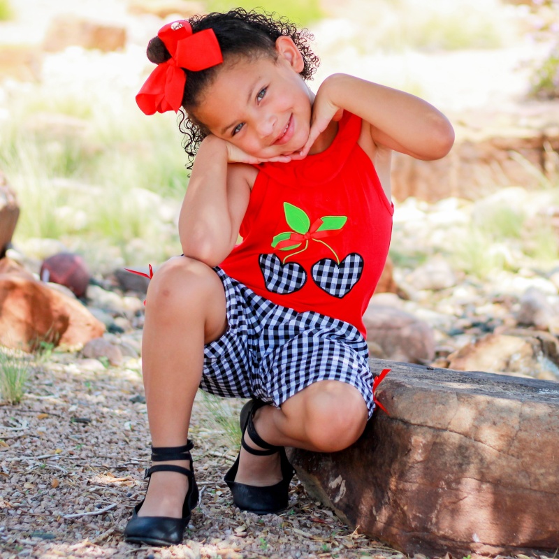 Girls Red Cherry Ruffled Tunic And Gingham Woven Shorts Outfit
