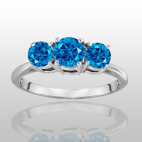 1 Carat Blue Diamond Three Stone Ring in 14K Gold