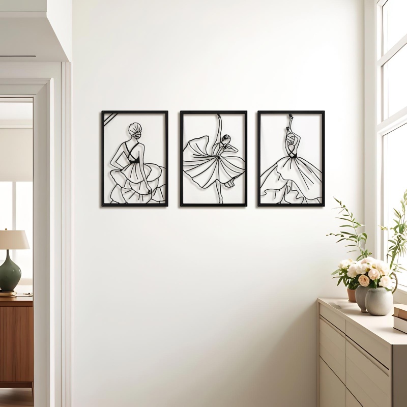 A22006bk03-Art3d Set Of 3 Black Metal Wall Art, Wall Decor For Living Room,Dining Room,Hallway, Dance Room, Line Art Wall déCor,Dancer Theme Wall Art Style