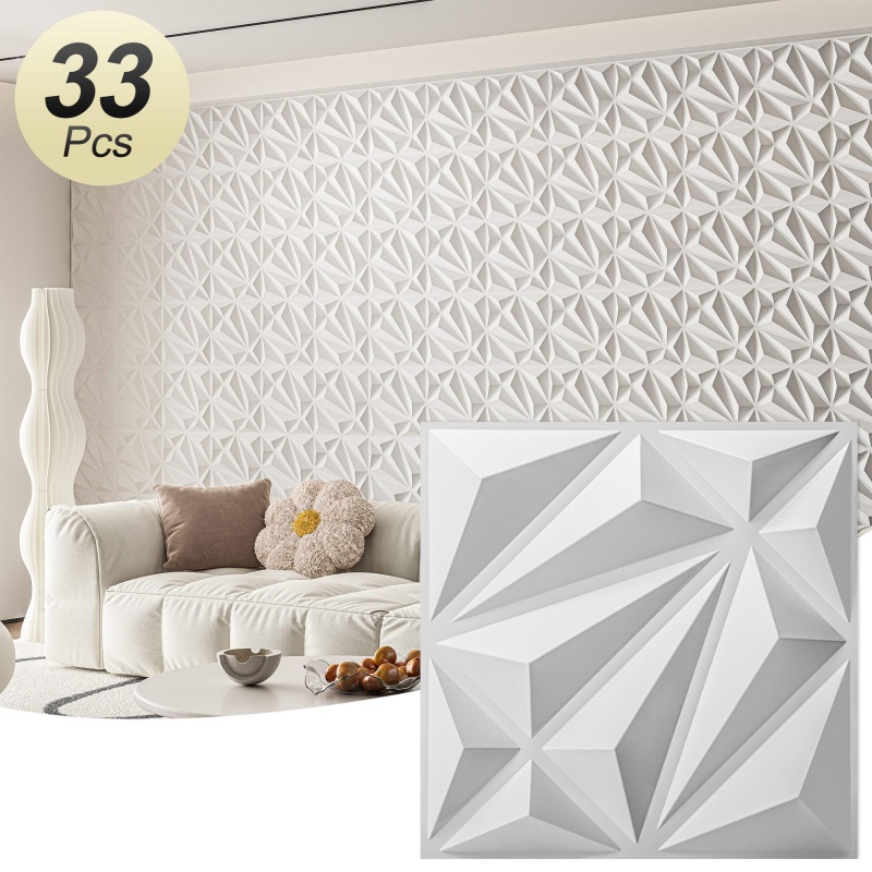 A10380wt33 - Art3d 33-Pack 3D Wall Panel For Interior Wall déCor, Diamond Textured Pvc Accent Wall Paneling For Living Room Bedroom Office Tv Wall Background, 11.8"X11.8" Cover 32.Sq.Ft., White