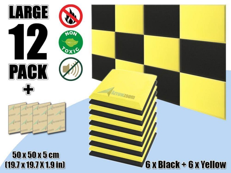 Arrowzoom Flat Bevel Tile Series Acoustic Panel - Black X Yellow Bundle - Kk1039 / Piece(S): 12 Piece -50 X 50 X 5 Cm / 20 X 20 X 2 In