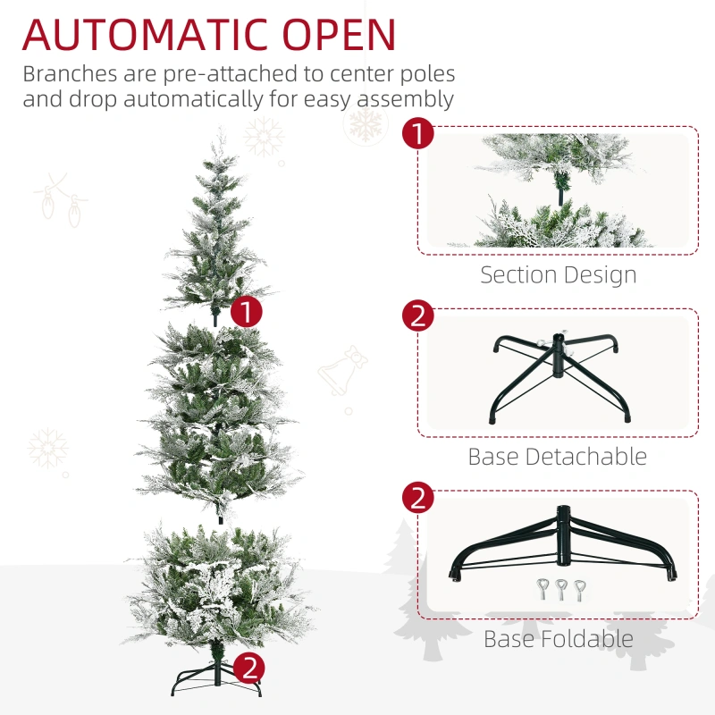 Homcom 7.5 Feet Pencil Snow Flocked Artificial Christmas Tree With 880 Realistic Cypress Branches, Auto Open, Green