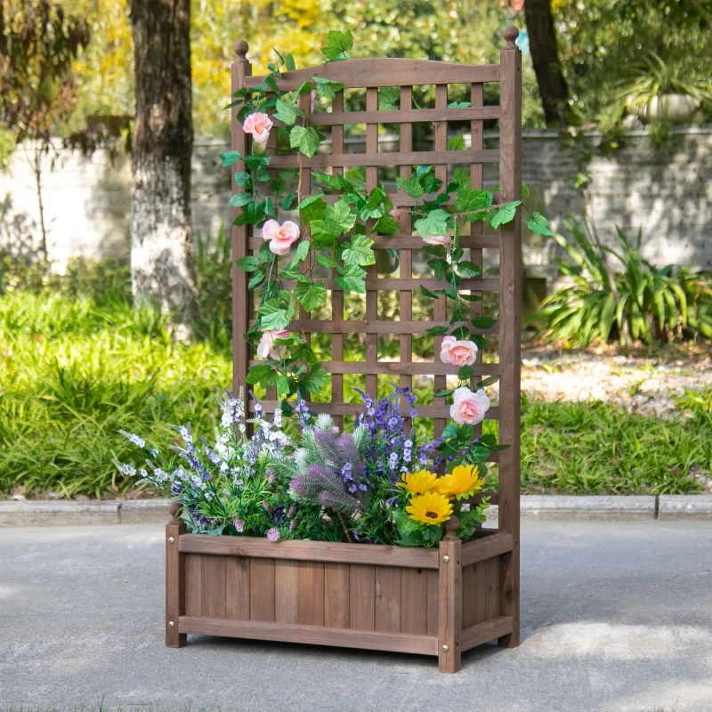 Outsunny Raised Garden Bed With Trellis For Climbing Vines, Wood Planter Box For Garden, Free Standing Flower Bed, Indoor Outdoor Display Rack, 25.2" X 11" X 47.2", Brown