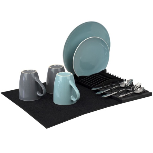 12 Pieces Home Basics Low Profile Plastic Dish Drying Rack With Buttoned Micro Fiber Drying Mat, Black