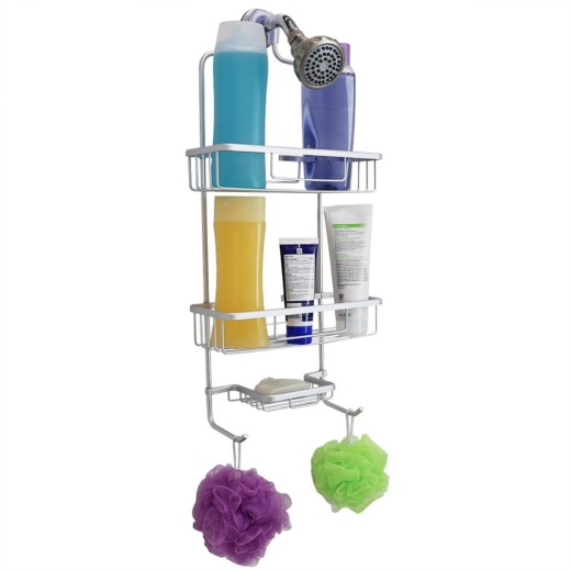 6 Pieces Home Basics 2 Tier Aluminum Suction Shower Caddy With Extra Long Baskets With Integrated Hooks And Soap Tray, Grey - Shower Accessories