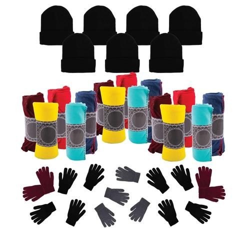 Wholesale Winter Care Sets - 12 Pairs of Gloves, 12 Winter Throw Blankets, 12 Beanies