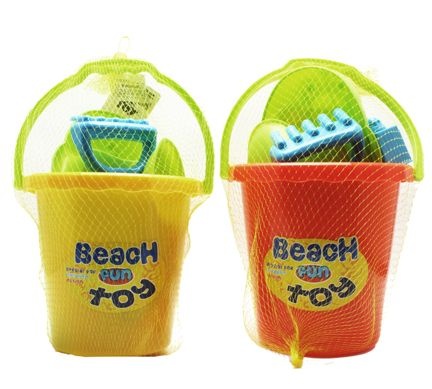 6 Pieces 8X7.5In Bucket W/ 7 Pcs. Sand Play Set In Net Bag 2 Asst - Toy Sets