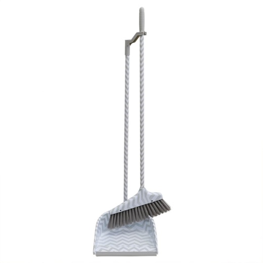 12 Pieces Home Basics Chevron Upright Angled Broom And Plastic Dust Pan Set With Comfort Grip Handle, Grey - Dust Pans
