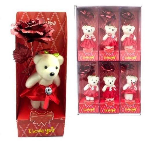 24 Sets Valentine 5 Inch Bear & Red Rose Gift Box 6Pc - Valentine Decorations