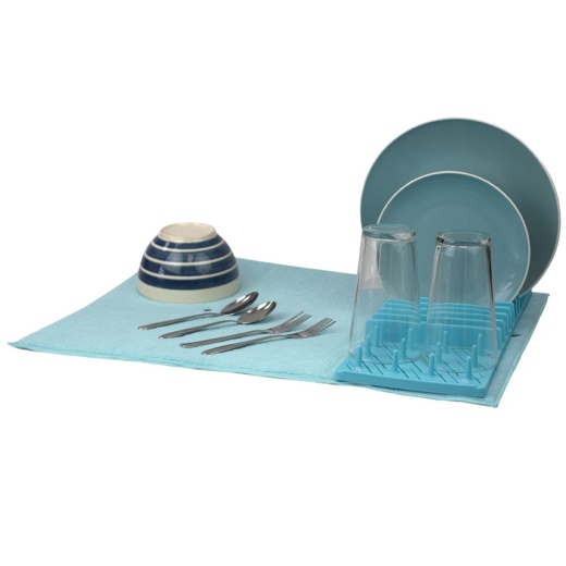 12 Pieces Home Basics Low Profile Plastic Dish Drying Rack With Buttoned Micro Fiber Drying Mat, Turquoise - Dish Drying Racks