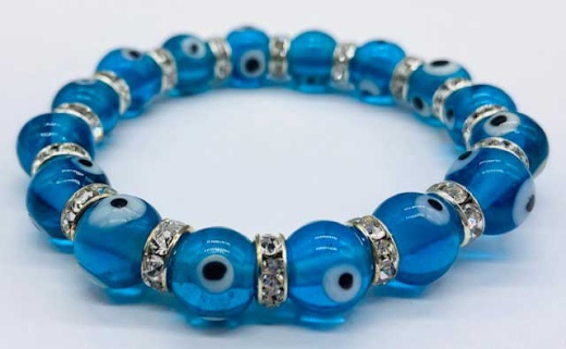 8Mm Evil Eye In Aqua Blue Bead Bracelet